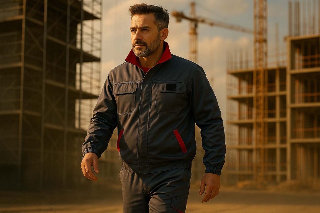Muškarac u sivoj radnoj uniformi sa crvenim detaljima stoji na gradilištu, zaštitna odeća za građevinske i industrijske radnike.