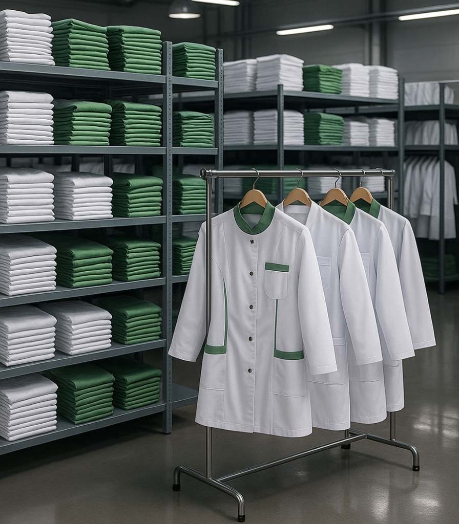 Police sa složenim belim i zelenim medicinskim uniformama i nekoliko uniformi na ofingerima – NV Uniforme veleprodaja